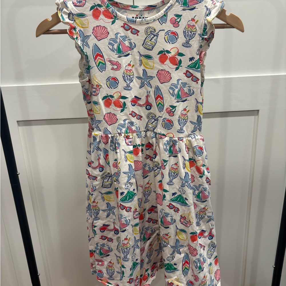 Mini Boden White Summer Dress with Multicolor Beach Prints